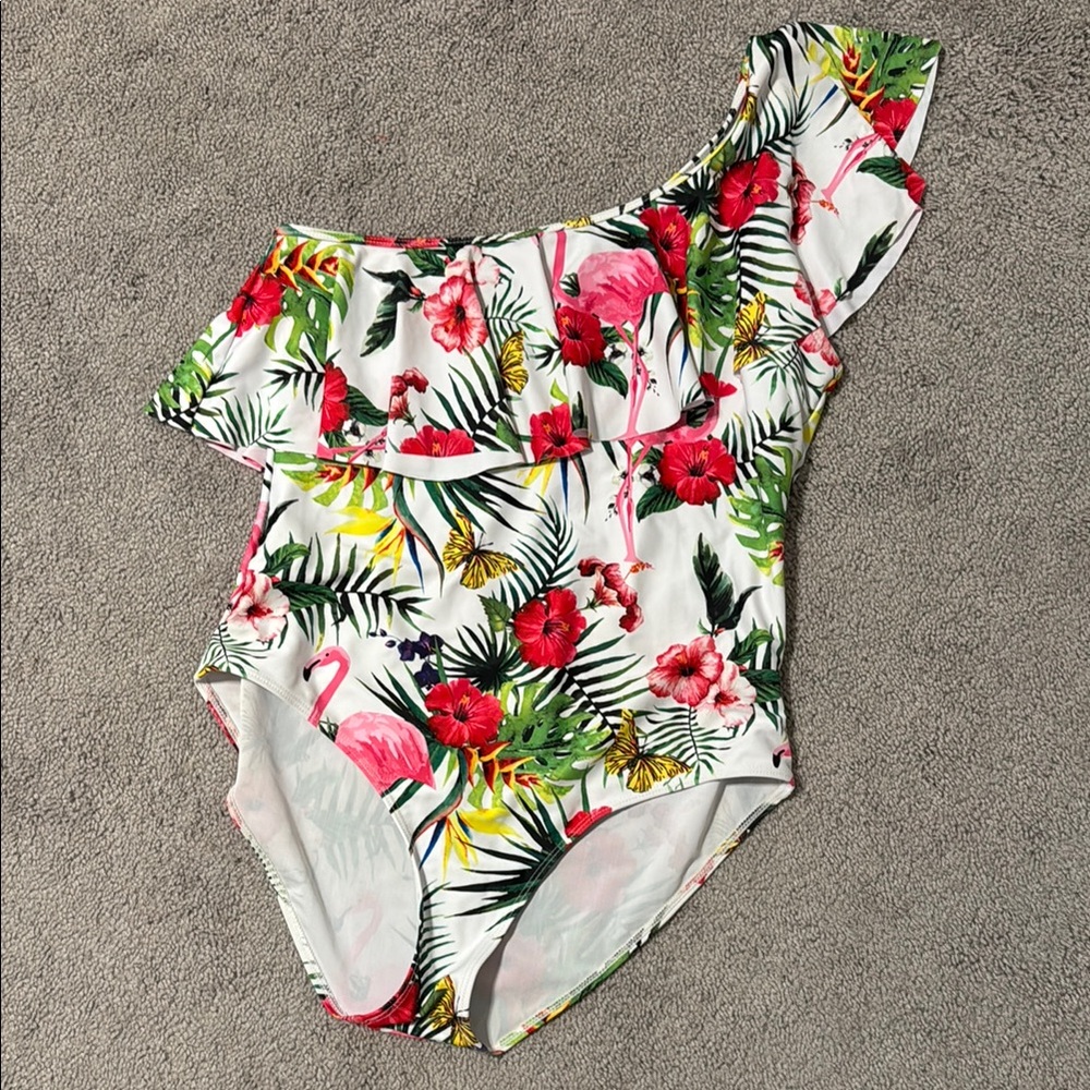Floral & Flamingo One-Shoulder Women Swim One Piece